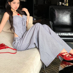 LIZAKOSHT - Summer New Korean Lace-up Pleated Sexy Slim Camisole Women + Contrast Color Striped Loose Wide Leg Pants Two-piece Suit