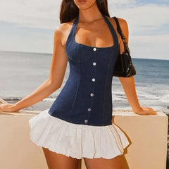 LIZAKOSHT  -  Halter Neck Backless Mini Dress Women's Sexy Sleeveless Denim Patchwork Lace Up Party Dress Summer Pleated Short Dress