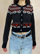 LIZAKOSHT - Geometric Jacquard Sweater Cardigan Woman O-neck Long Sleeve Slim Crop Top Female Casual Vintage Sweet Sweaters Autumn New Coat