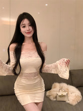 LIZAKOSHT - Lace Hollow Korean Fashion Short Off Shoulder Short Dress for Women Sexy Cute Solid Color Simple Long Sleeve Slim Dresses