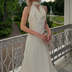 LIZAKOSHT - Sexy Hanging Neck Pearl Trim Backless Maxi Dress Women Fashion Slim Fit Robes Lady 2025 Summer Evening Birthday Party Club Dress