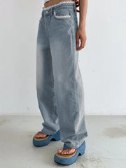 LIZAKOSHT - Streetwear Baggy Lace Jeans Women Harajuku Low Waist Jean Pant Y2K Vintage Casual Straight Washed Denim Trousers Korean