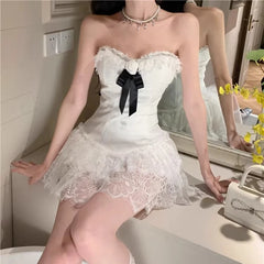 LIZAKOSHT - Y2k Lace Strapless Bow Dress for Women 2025 Summer New Slim Fit Cake Dresses Y2k Slim Waist A-line White Vestido Feminino