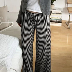 LIZAKOSHT - Y2K Women Casual Knit Pants Slim Fit Lazy Style Striped European American Versatile Waist Cinching Trousers
