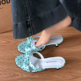 LIZAKOSHT - Street Style Satin Butterfly-knot Women Slippers Fashion Polka Dot Thick Heels Party Dress Slide Ladies Summer Polka Dot Shoes