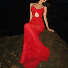 LIZAKOSHT - 2025 Sexy Summer Elegant Long Dresses For Women Backlesss Front Hollow Out Sling Red Pleated Bodycon Vestidos Vacation Wear