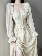 LIZAKOSHT - Dress Suit Cardigan Suspender Dress Ruffle One Piece Dress Casual Cardigan Korean Summer New Fairy French Elegant Solid Dress