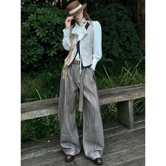 LIZAKOSHT - Women's Autumn Winter Striped High Waist Trousers Office Girl Retro Straight Pants Female Wide Leg Streetwear