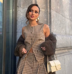 LIZAKOSHT - Plaid Skirt Suit Slim Suit Women's 2-piece O-neck Vest+trouser Skirt Summer Ladies' Elegant Suit New
