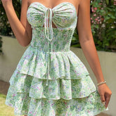 LIZAKOSHT - Spring Summer Floral Print Beach Dress Women Sexy Strapless Lace-up Ruffle Party Dress Fashion Backless Hollow A-Line Mini Dress