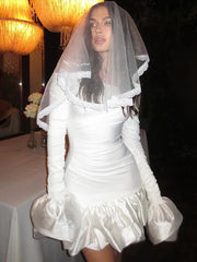 LIZAKOSHT - Off-shoulder Flower Bud Sleeve Women's Dresses Solid Color Slim Fit Pleated Short Dresses Fashion Elegant Party Beach Dress