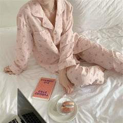 LIZAKOSHT - Koera Style Women's Pajama Set 2 Pcs with Pant Ladies Bear Print Sleepwear Long Sleeve Single Breasted Plaid Pyjama Suit Female