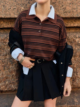 LIZAKOSHT - Spring Summer Women's Vintage Contrast Striped Knitted Polo Collar Long Sleeve T-Shirt Fashion Casual Trend Top