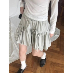 LIZAKOSHT - Korean Lace-up Pleated Mini Skirts Nylon Solid Ruffles Bowknot Short Dress Streetwear Loose A-line Skirts For Women 2024 Summer