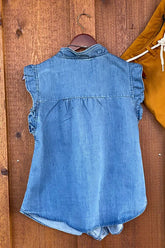LIZAKOSHT - 2024 Summer New Women's Ruffled Denim Shirt Sleeveless Vest Tops