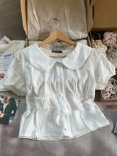 LIZAKOSHT - Lace Trim White Striped T-shirt Blouse Woman Summer Back Lace-up Short Puff Sleeve Shirt Vintage Sweet Slim Solid Crop Tops Y2k