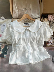 LIZAKOSHT - Lace Trim White Striped T-shirt Blouse Woman Summer Back Lace-up Short Puff Sleeve Shirt Vintage Sweet Slim Solid Crop Tops Y2k