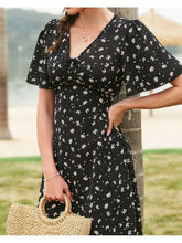 LIZAKOSHT - Summer New Flare Sleeve Elegant Print Dress Women Fashion High Waist A-line Beach Dress Lady Floral Holiday Dress