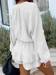 LIZAKOSHT - Spring Summer 2025 White Dress Women V-neck Lace-up High Waist Mini Dress Lantern Sleeve Solid Casual Female 53933