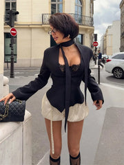 LIZAKOSHT - Fashion V-Neck Elegant Blazers Coat Women Commute Patchwork Lace-Up Solid Autumn New Clothes Female Outwear jacket