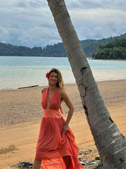 LIZAKOSHT - Sexy Pleated Deep V Halter Maxi Dress Women Elegant Backless Sleeveless Solid Long Dresses Fashion Lady Vacation Beach Vestidos