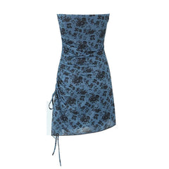 LIZAKOSHT  -  Sexy Women Vintage Floral Print Side Drawstring Ruched Asymmetrical Strapless Dress Summer Female Party Mini Robe