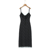 LIZAKOSHT - Sexy Coffee Polka Dot Print Spliced Lace V Collar Sling Dress Women Lacing up Strap Backless Long Dresses Femme Vestidos Robe