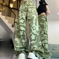 LIZAKOSHT - Green Print Women Pants Streetwear Spring Autumn Y2k Pantalones Mujer Fashion Vintage Loose Hiphop Trousers