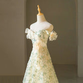 LIZAKOSHT - Elegant A-line Beige Floral Wedding Dress Off Shoulder Sleeveless Lace Up Midi Prom Gown for Women Vestidos De Noche#18313