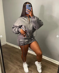 LIZAKOSHT - Two Piece Set Lace Up Cargo Women Long Sleeve Zipper Jackets Tops Pockets Mini Skirts Fashion Casual Streetwear Skirts Suits