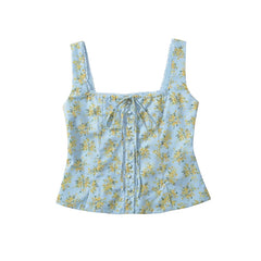 LIZAKOSHT - Vintage Blue Floral Print Summer Tank Top Women Front Button Bow Square Neck Sleeveless Crop Top