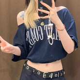 LIZAKOSHT - Vintage Oversize T Shirt Women Sexy Off Shoulder Short Sleeve Y2k Top Summer 2025 New American Style Spice Girl Tops