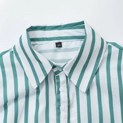 LIZAKOSHT  -  Women's Striped Shirt Trousers Suit Lapel Short-sleeved Top Side Striped Elastic Waist Pants Spring Summer New Chic Suit