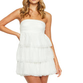 LIZAKOSHT - Women's Tube Top Dress Strapless Solid Color Ruffle Hem Mini Party Dress Slim Fit Tiered Dress