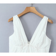 LIZAKOSHT - Sexy Elegant Women Sleeveless Deep V Neck White Dress Low Waist Female Cotton Summer Dresses Holiday Robe