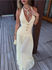 LIZAKOSHT - Starfish Halter Back Strap Dress Hanging Neck Waist Cinching Mesh Perspective Women Pleated Beach Long Dresses Slim Fit Robes