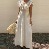 LIZAKOSHT - Fashion Double V-neck Solid Color Dress Elegant High Waist Hollow Out Party Dress Summer New Bohemian Style Beach Vacation Dress