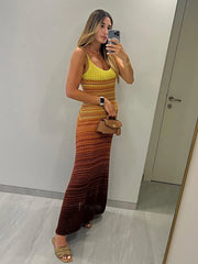 LIZAKOSHT - Knit Women Colorful Slip Long Casual Dress Square Collar Sleeveless Off-shoulder Slim Dresses Lady New Holiday Beach Gowns