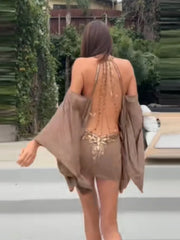 LIZAKOSHT - Spicy Girl Sequins Off Shoulder Halter Mini Dress Waist Cinched Backless Boutique Dresses Lady New Party Prom Customized Gown