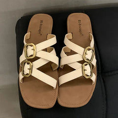 LIZAKOSHT - Summer New Brand Women Slipper Fashion Narrow Band Buckle Ladies Casual Slides Shoes Soft Flat Heel Outdoor Sand New Woman