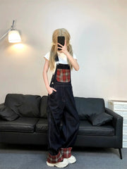 LIZAKOSHT  -  Women's Plaid Straps Jeans Straight Vintage Baggy Casual Fashion Wide Leg Pants Self Cultivation Denim Trouser Ladies 2024