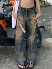 LIZAKOSHT  -  Washed Patchwork High Waist Jeans for Women American Vintage Distressed Straight Jeans Hip Hop High Street Wide Leg Trousers