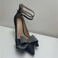 LIZAKOSHT - Butterfly Knot Pointed Toe Rhinestone Bling Women Pumps Crystal Solid Color Buckle Strap Sandals Fashion Western Female Shoes