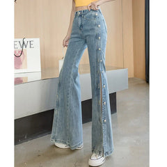 LIZAKOSHT - Women Vintage Pocket Long Plus Size Denim Pants Sexy Heavy Industry Wide Leg Summer Thin Side Open Button Jeans Streetwear