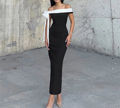 LIZAKOSHT - Spring New Women's Elegant Style One Shoulder Strap Color Matching Slimming Dress