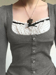 LIZAKOSHT - Casual Sweet Patchwork Dot Bow T Shirt Slim Square Collar Long Sleeve Tees Women Autumn Spring Fashion Streetwear