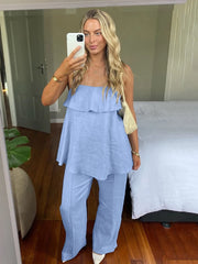 LIZAKOSHT  -  Casual Blue Ladies Pajama Suit Backless Nightie Sexy Tank Tops Nightwear Spaghetti Strap Nightgown Pants Home Clothes