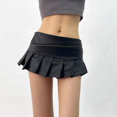 LIZAKOSHT - Y2K PU Leather Pleated Mini Skirt With Shorts Lining Women Sexy Zipper Summer Low Waist Short Coffee White Black