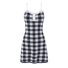 LIZAKOSHT - Autumn Black White Plaid Gingham Knitted Sling Dress Open Buttons V neck Package Hips Short Dresses Skinny Robe Vestidos