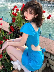 LIZAKOSHT - Japanese Kawaii 2 Piece Skirts Sets Women Short Sleeve Y2k Crop Tops Blouse + Blue Mini Skirt Even Party Vintage Clothing Summer